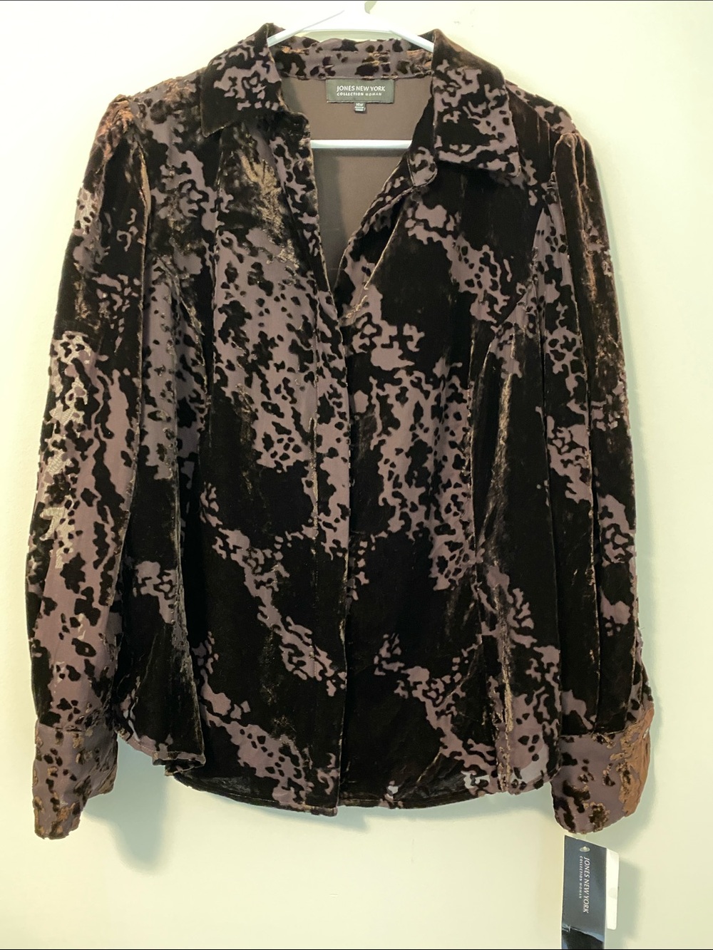 Jones New York Velvet Button-Front Shirt in Brown and Taupe
